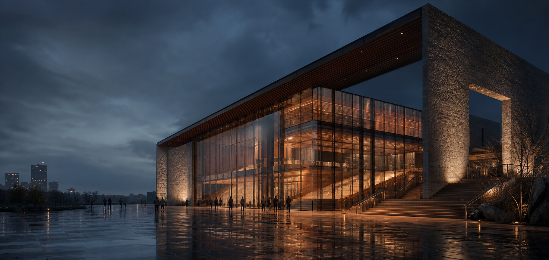 Cinematic architectural visualization at dusk